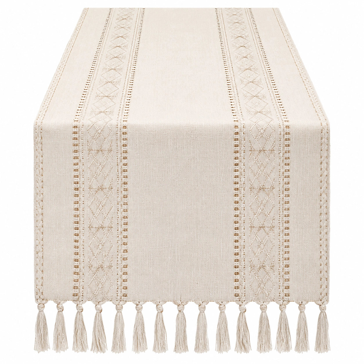 Camino de Mesa Beige con Flecos y Motivos de Diamantes