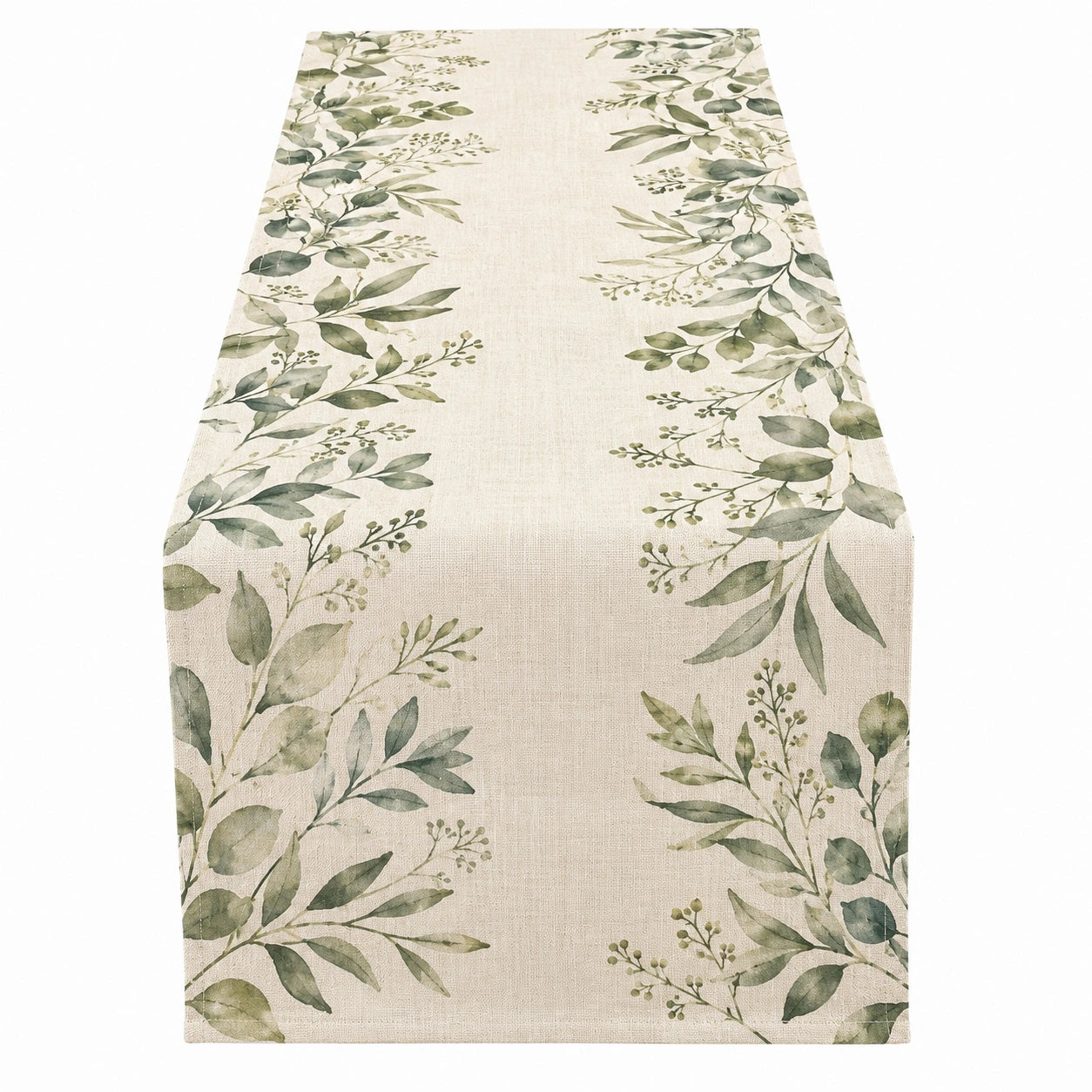Camino de Mesa Beige con Estampado de Hojas Verdes, 200x35 cm