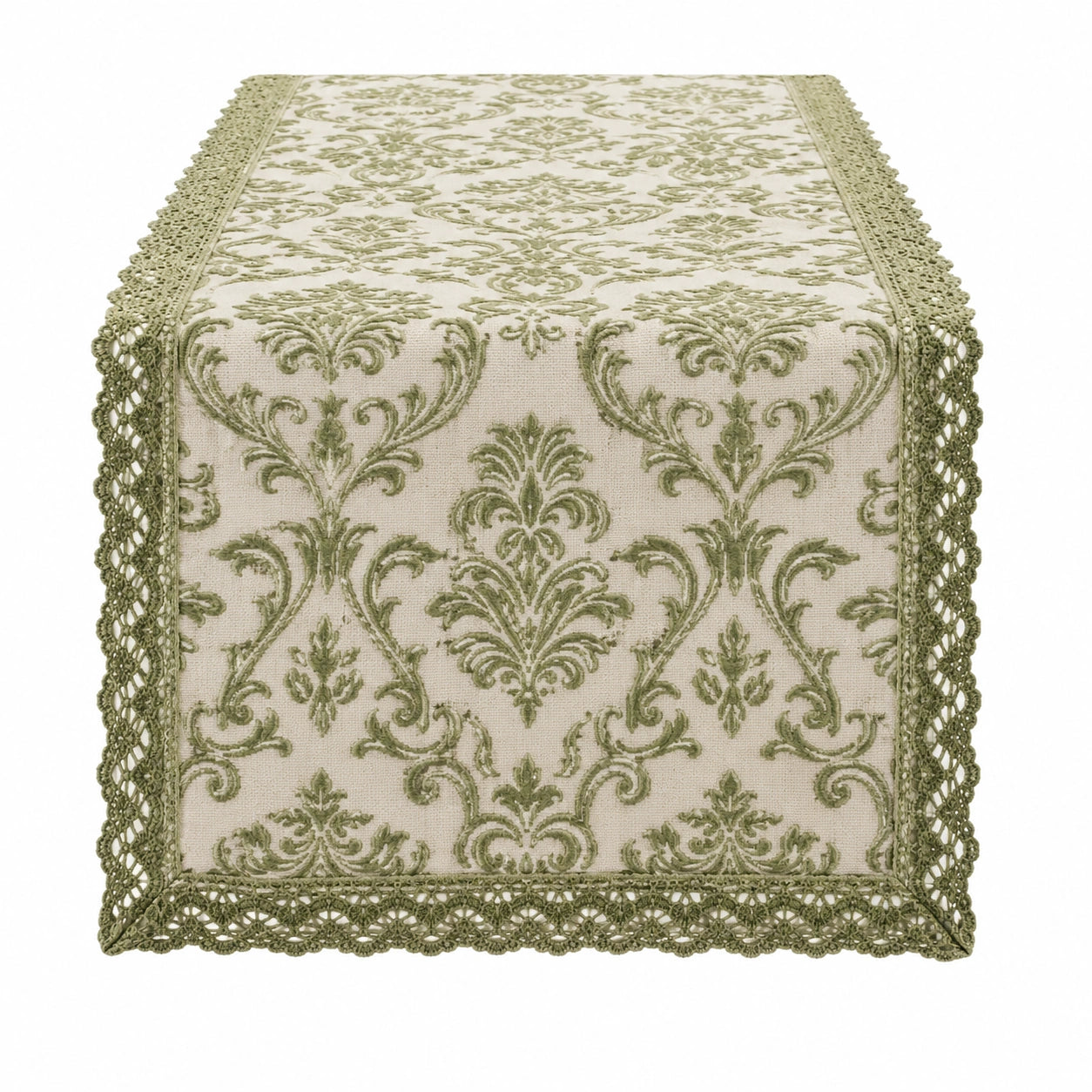 Camino de Mesa con Encaje y Diseño Floral Verde Clásico