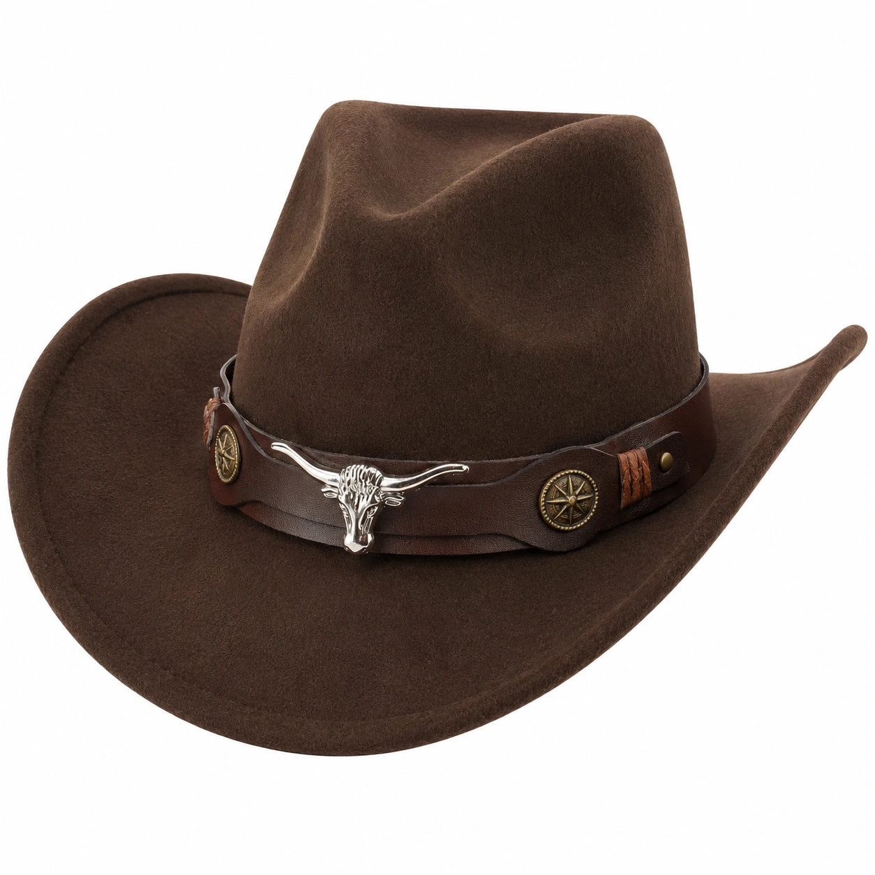 Sombrero Vaquero Marrón con Ala Ancha y Adorno de Cabeza de Toro