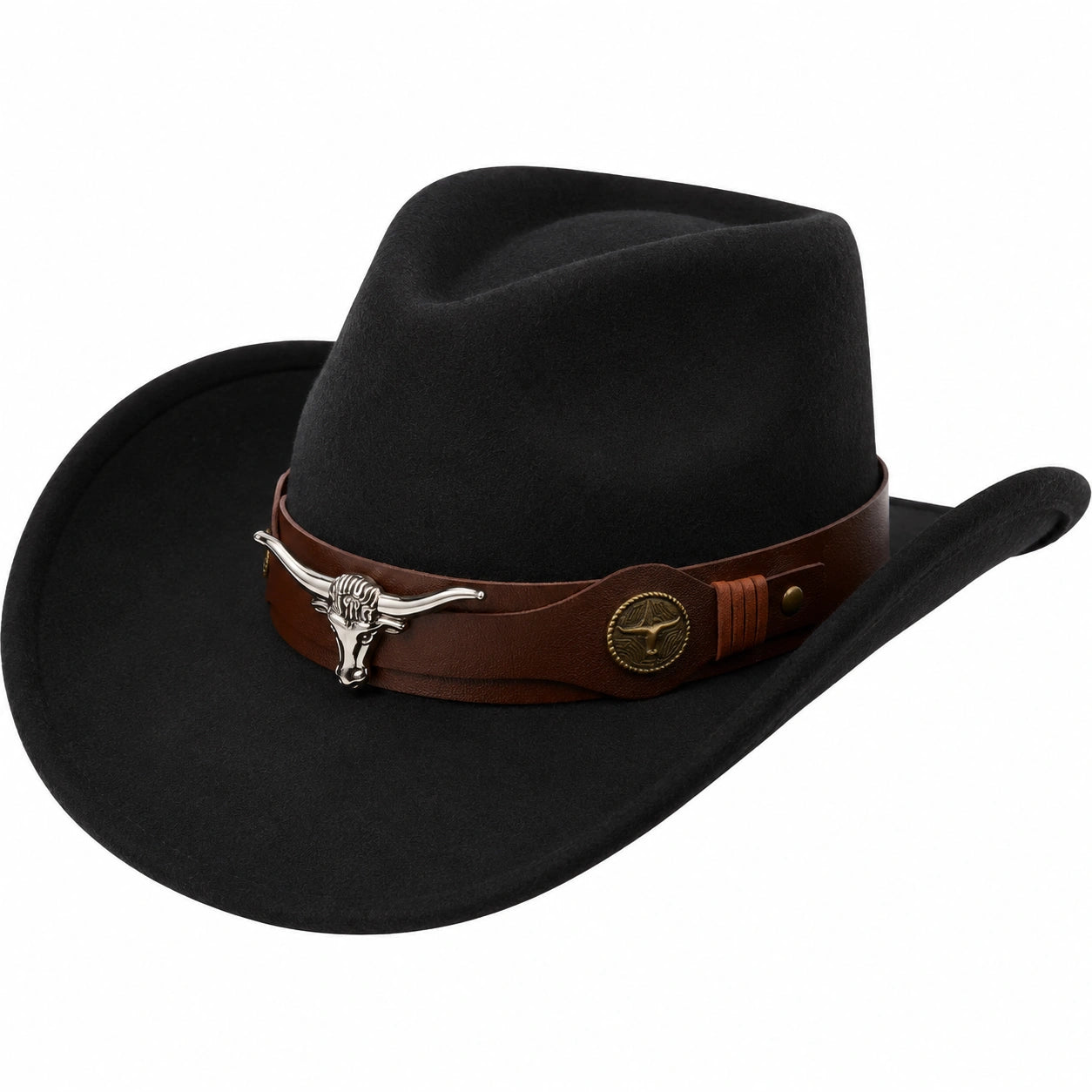 Sombrero Vaquero Negro con Banda Marrón y Detalle de Toro