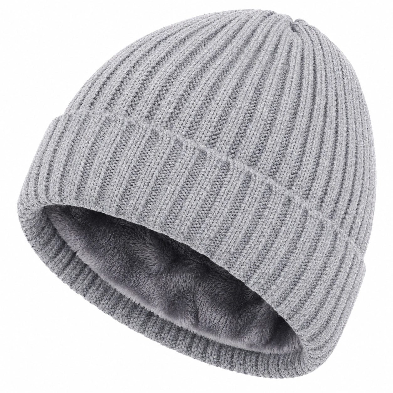 Gorro de Punto Acanalado con Forro Polar Gris