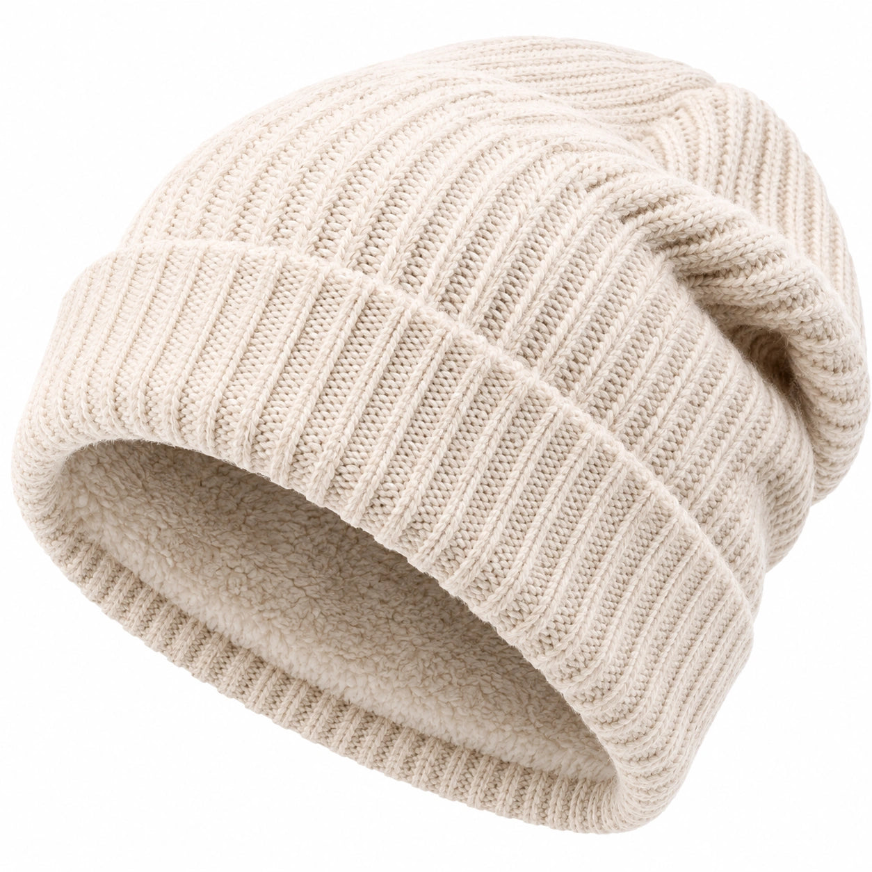 Gorro de Punto Unisex con Forro Polar Beige