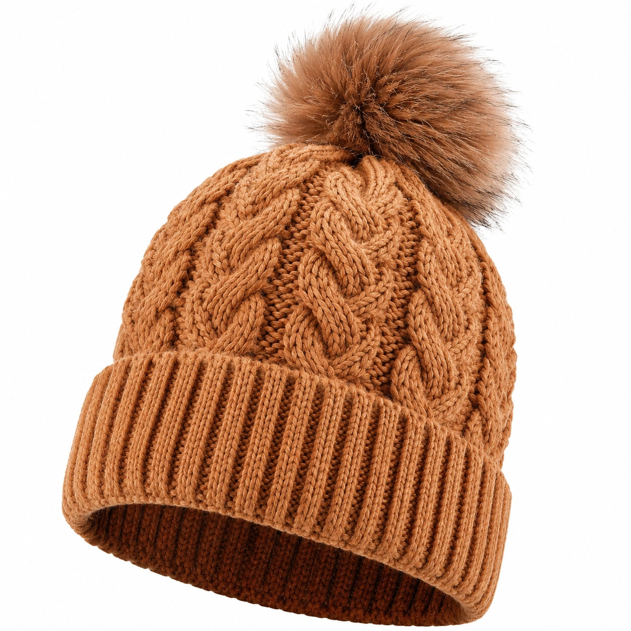 Gorro de Invierno Trenzado con Pompon Marrón