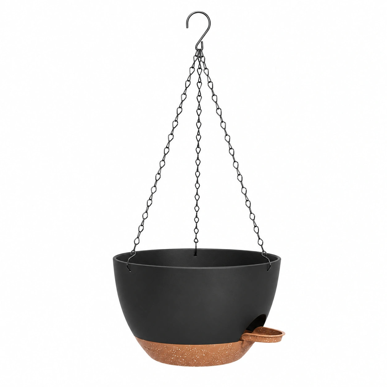 Macetero Colgante Negro con Detalle Marrón y Cadena Metálica