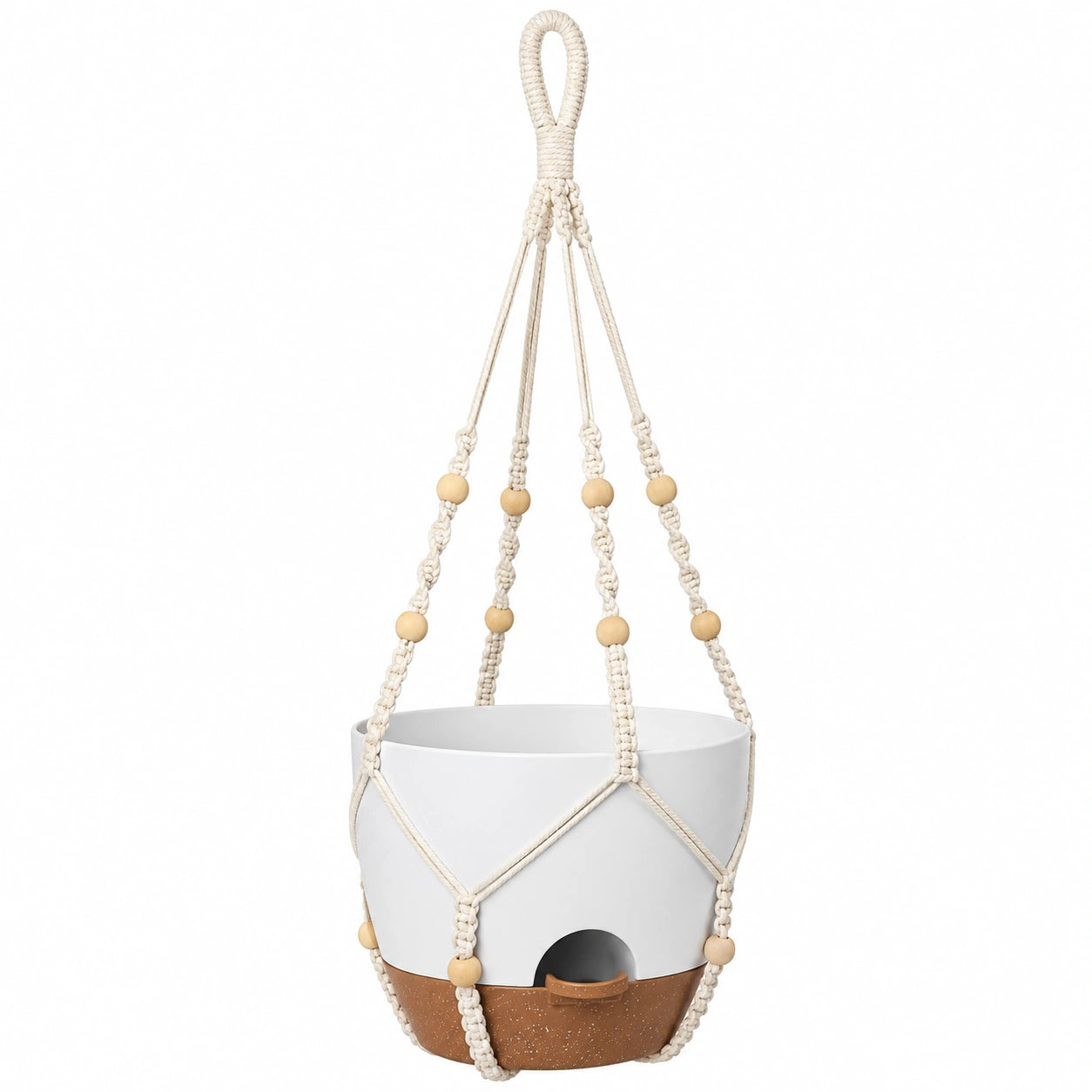 Macetero Colgante con Cuerda de Algodón y Macramé Blanco y Terracota