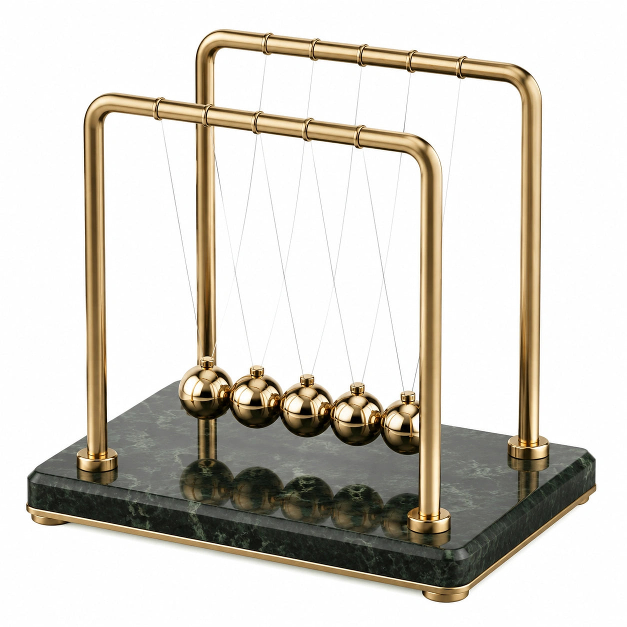 Péndulo de Newton con bolas doradas y base de mármol elegante