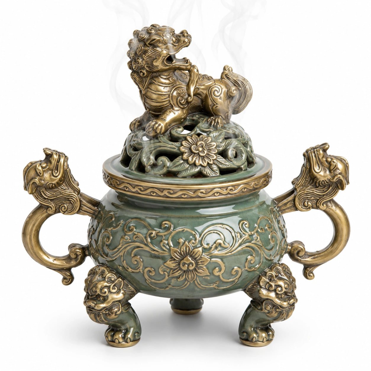 Quemador de Incienso Verde y Dorado con Diseño Oriental