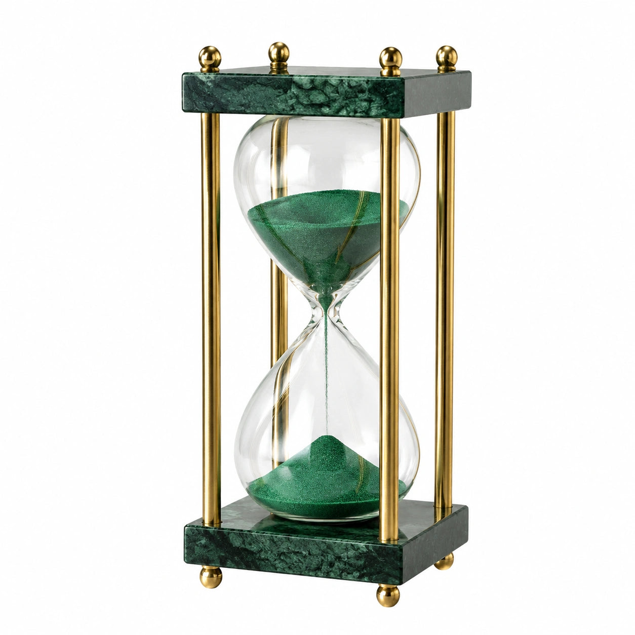 Reloj de Arena con Base de Mármol Verde y Soporte de Metal Dorado